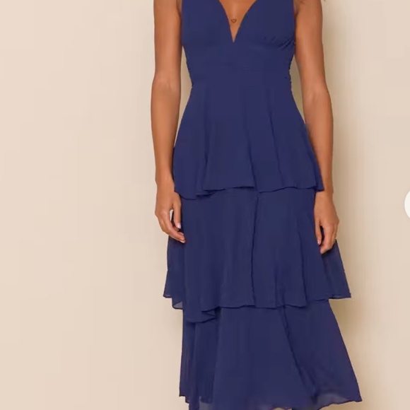 Lulus Celebration Time Navy Blue Sleeveless Tiered Midi Dress - Size L - Picture 2 of 3